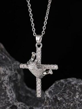 Silver Jesus Cross Crown of Thorns Pendant Necklace Bling Hip Hop Christian Gift